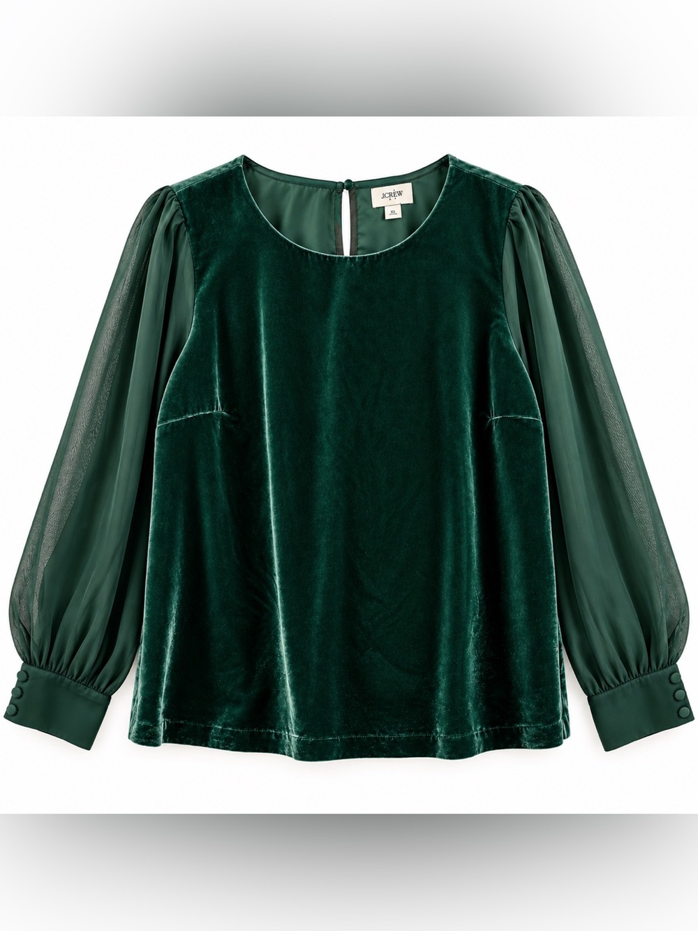 J.Crew Velvet Puff Sleeve Top Emerald Green Sheer Sleeves NWT XL